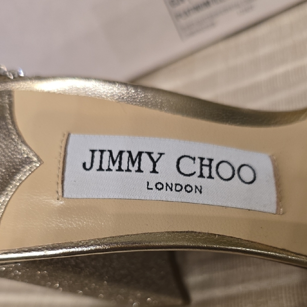 Jimmy Choo Sparkling Gold Heels with Ankle Strap Saeda Sandal Platinum Ice/cryst - Picture 2 of 14